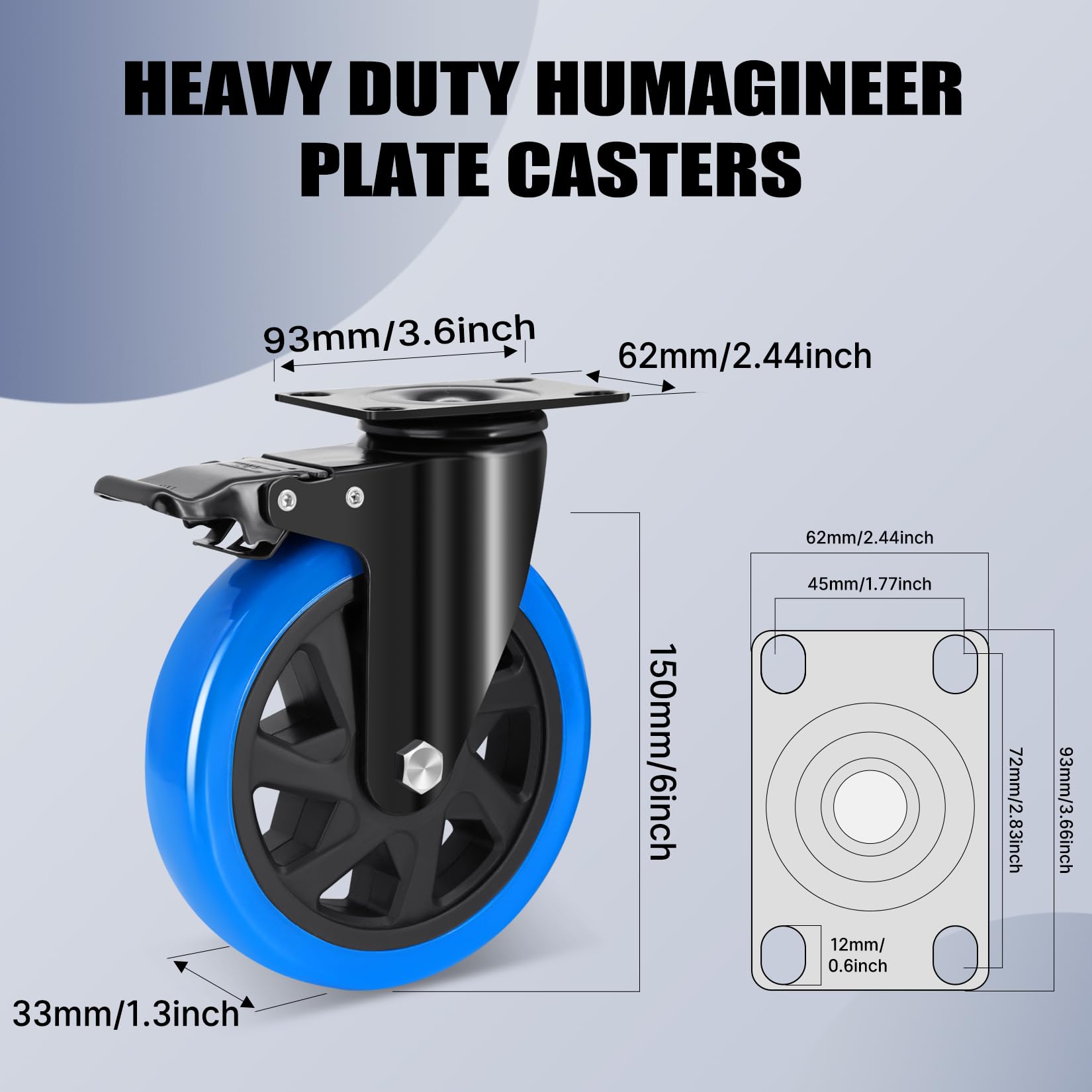 Roti Humagineer 150 mm pentru sarcini grele cu frana, capacitate de incarcare de 1200 kg, pivotante 360°, silentioase, set de 4 - imagine 3
