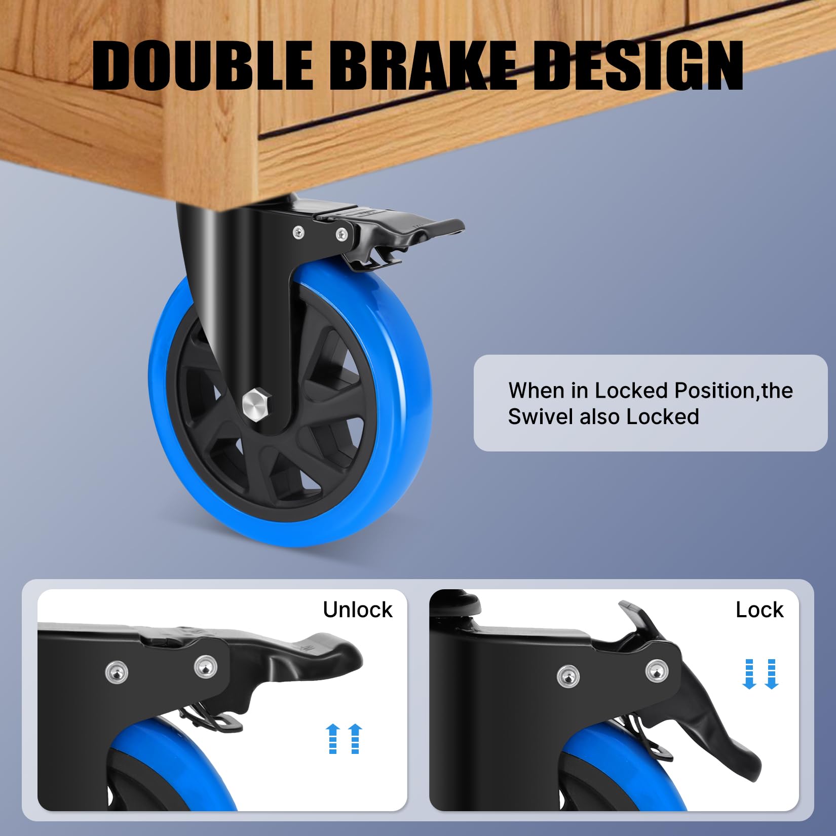 Roti Humagineer 150 mm pentru sarcini grele cu frana, capacitate de incarcare de 1200 kg, pivotante 360°, silentioase, set de 4 - imagine 4