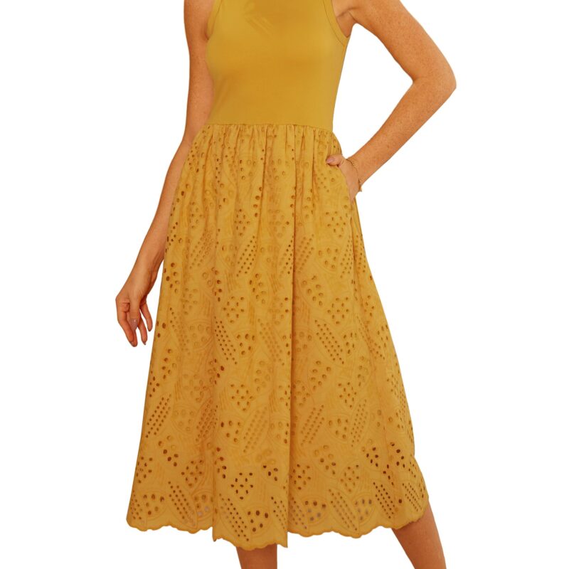 GRACE KARIN Rochie de vara, fara maneci, pentru femei, model A, midi, cu buzunare, broderie cu ochiuri, galbenă, XXL