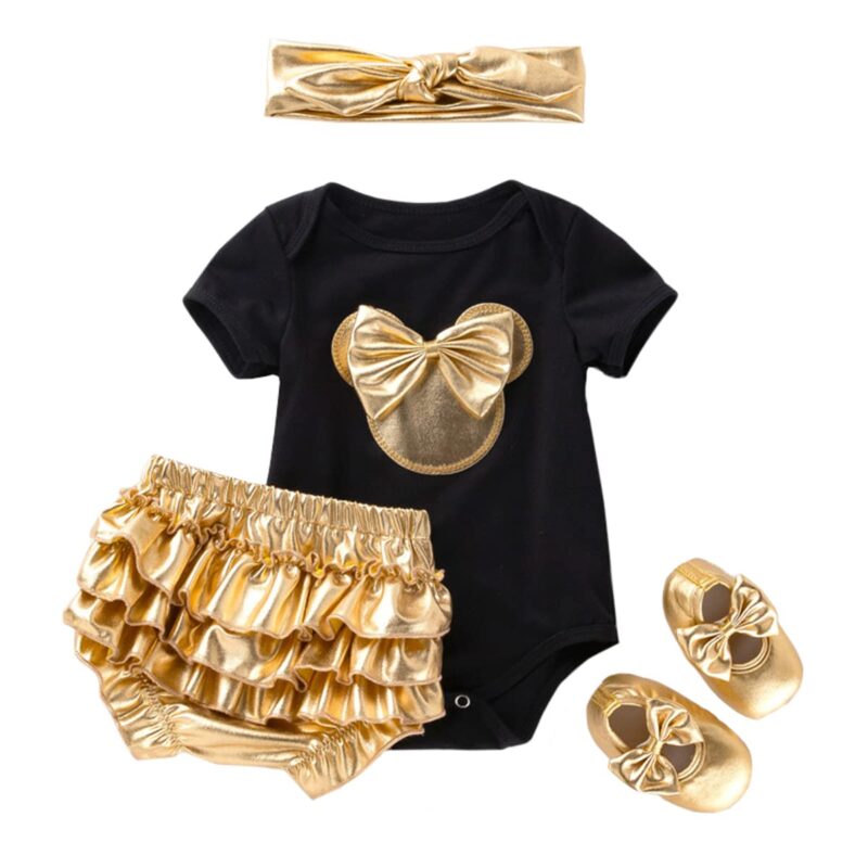 Compleu fete, pantaloni scurti aurii, body de vara negru, bandana si balerini aurii,12-24 luni (80)