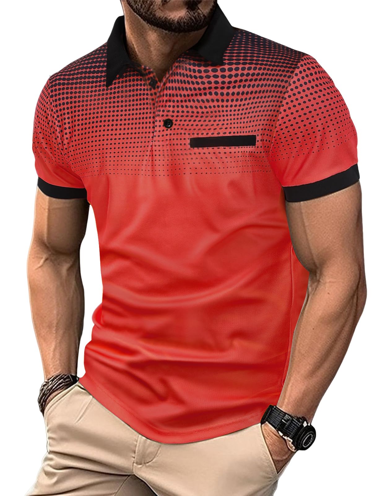 Vijamiy Tricou polo barbati, cu maneca scurta, usor, respirabil, casual, rosu vin, L - imagine 2