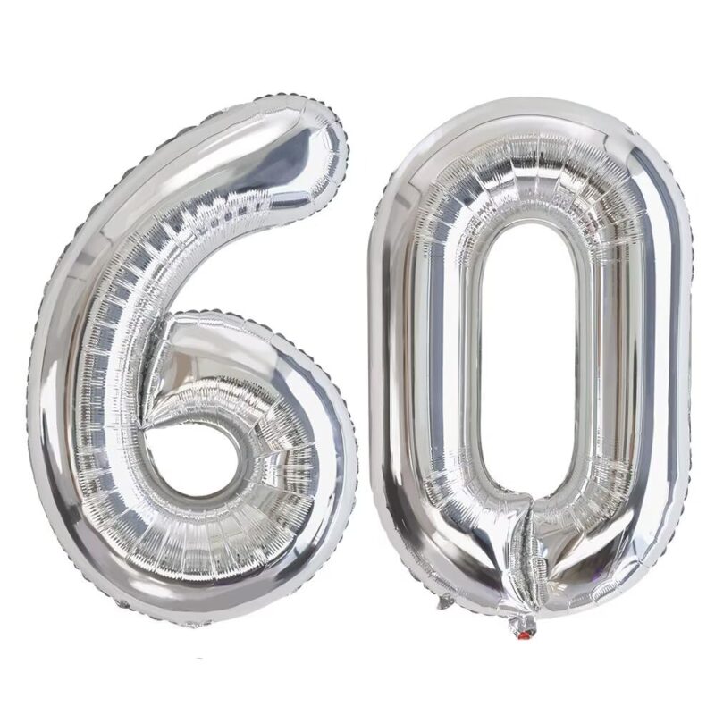 Balon argintiu 81 cm, cu numarul 60, pentru zi de naștere
