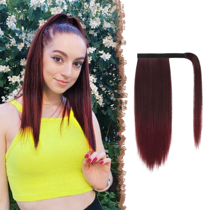 Extensie coada de cal FESHFEN, dreapta si lunga, cu clips, sintetica, 30 cm, negru si visiniu