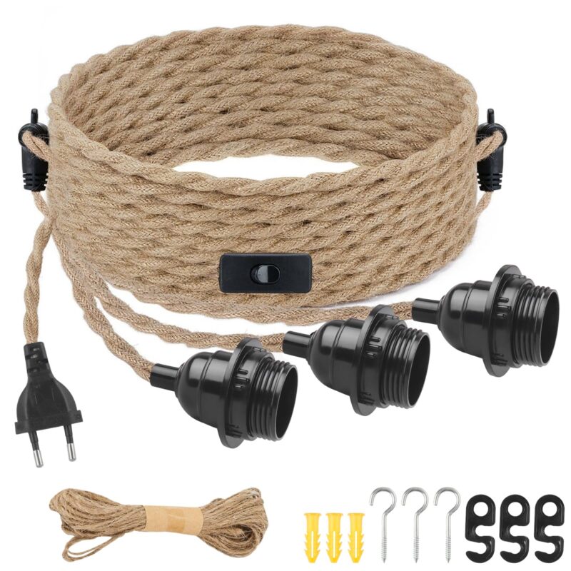Lampa suspendata vintage cu 3 becuri (E27) si intrerupator, cablu din franghie de canepa, fara bec