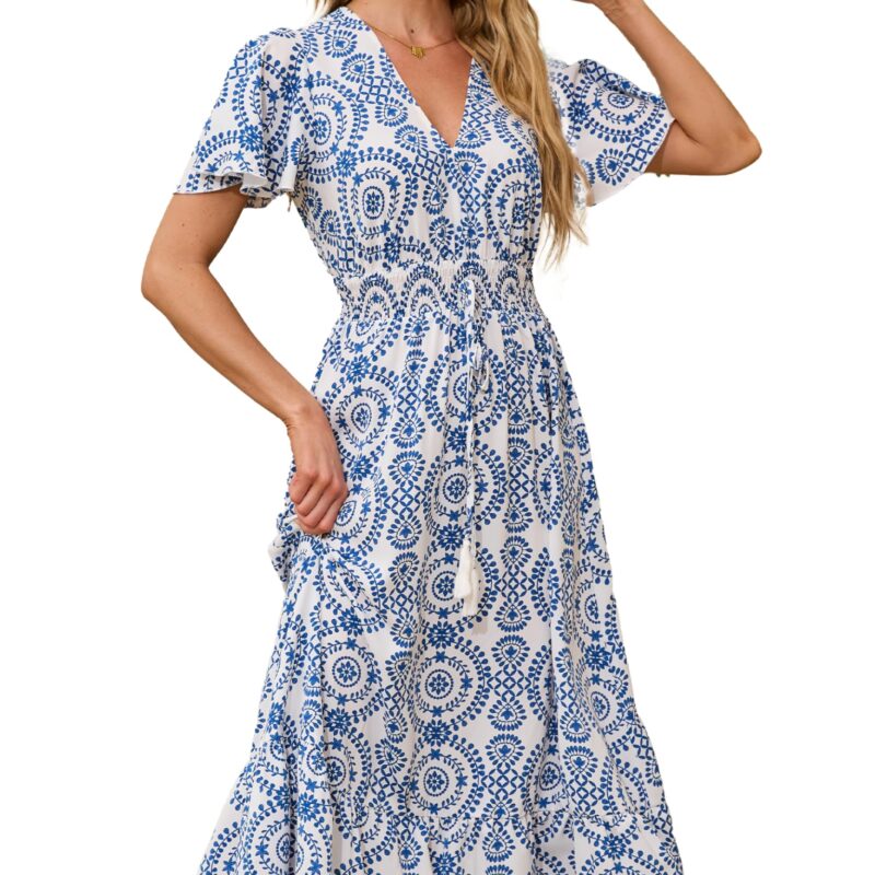 Rochie boho, de vara cu imprimeu floral si curea, decolteu in V, maxi, alb cu albastru, L