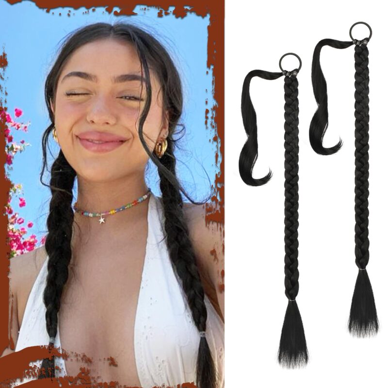 Extensii de par, coada de cal, 66 cm, sintetice, pentru impletit, negre, 2 buc.