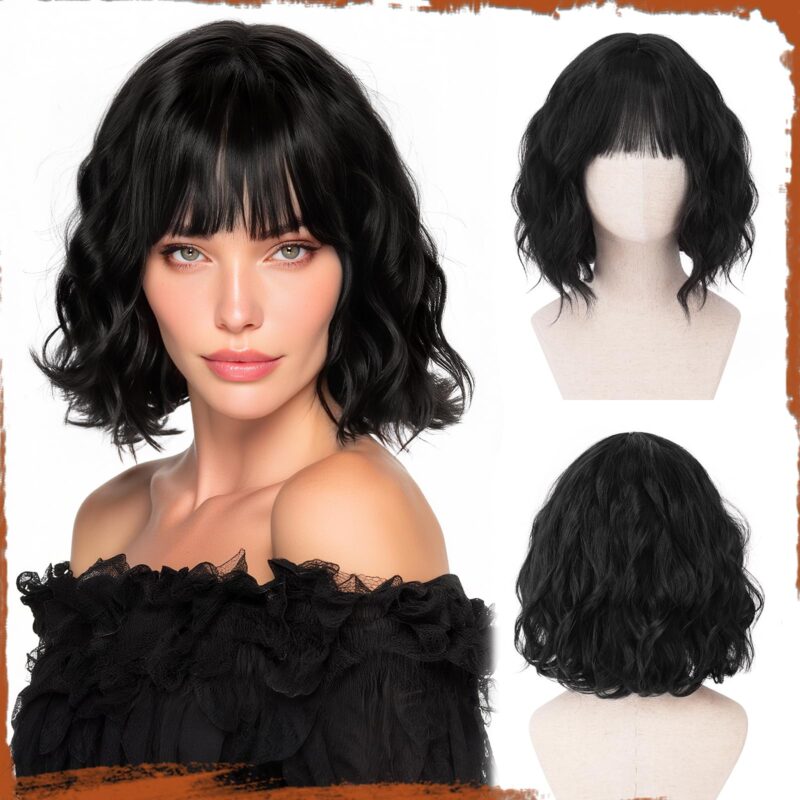 Peruca bob ondulata cu breton, sintetica, rezistenta la caldura, neagra, 30cm