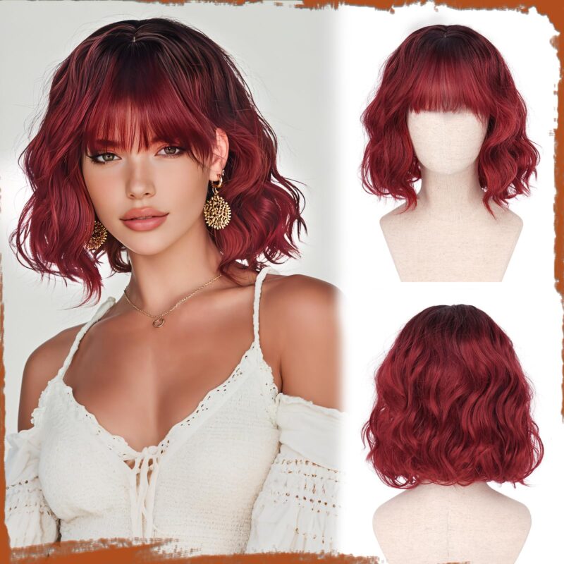 Peruca bob scurta si ondulata, cu breton, visinie, 30 cm