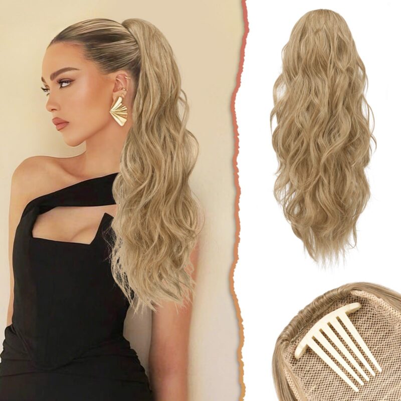 Extensie de par, coada de cal, ondulata, 60 cm, cu clipsuri, sintetica, blond si blond cenusiu
