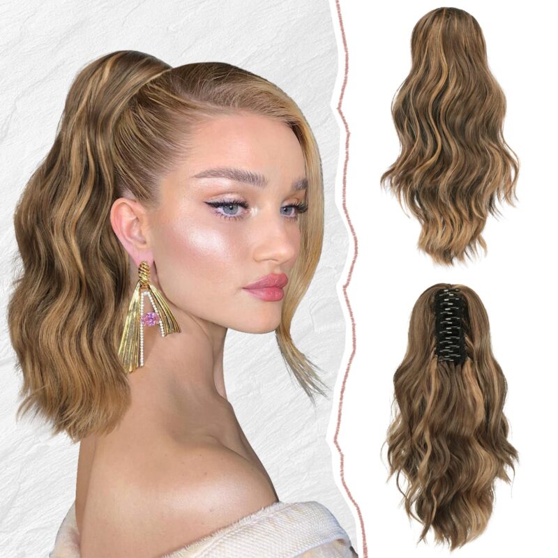 Extensie de par, coada de cal, cu clipsuri, sintetica, lunga, ondulata, maro