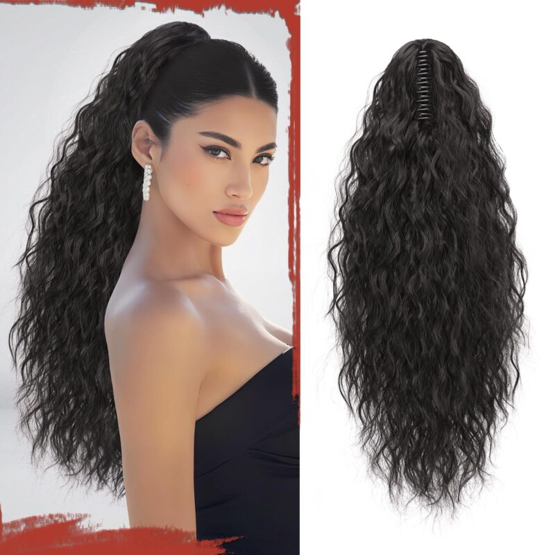 Extensie de par sintetica, coada de cal, 56 cm, ondulata, cu clema, negru-maro