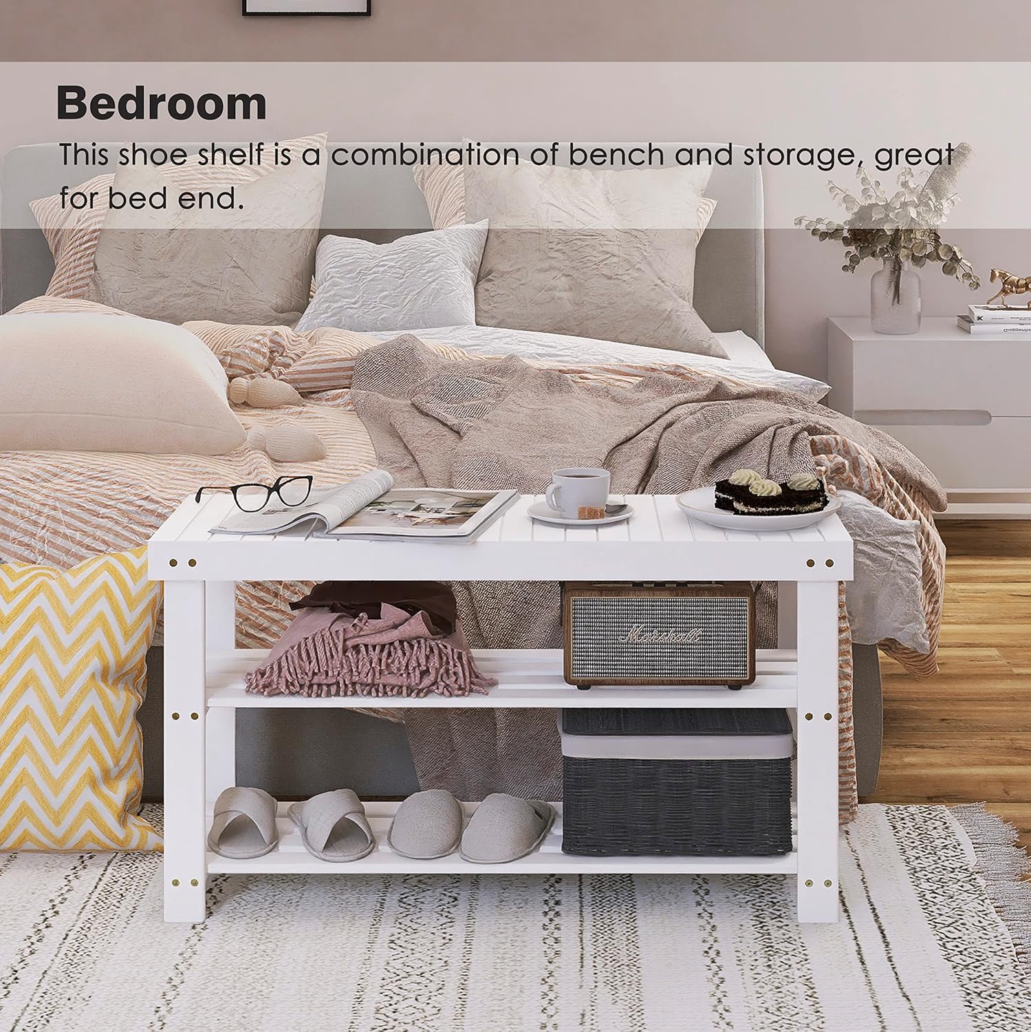 Bancuta raft pentru pantofi, din bambus, 3 niveluri, alb - imagine 5