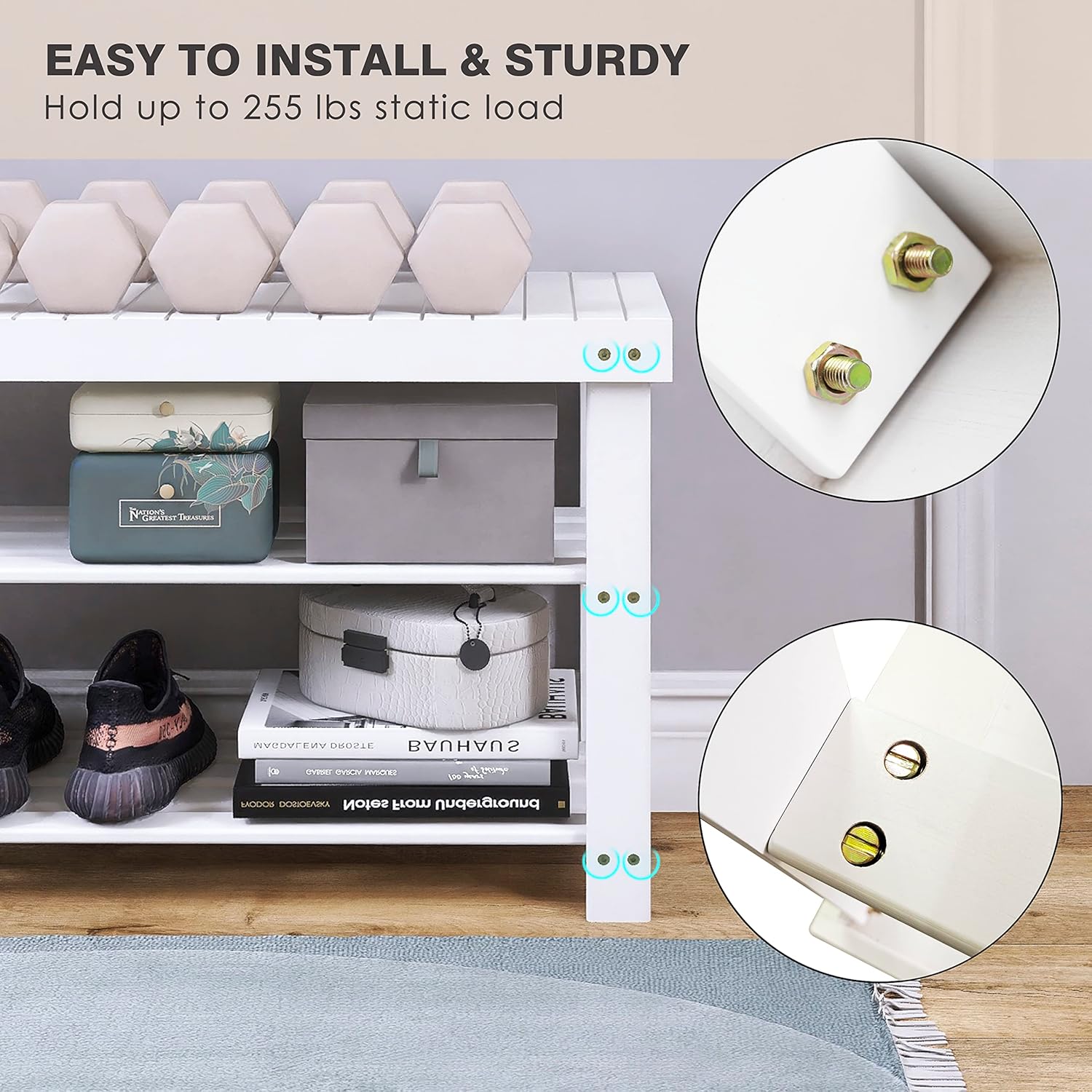 Bancuta raft pentru pantofi, din bambus, 3 niveluri, alb - imagine 6