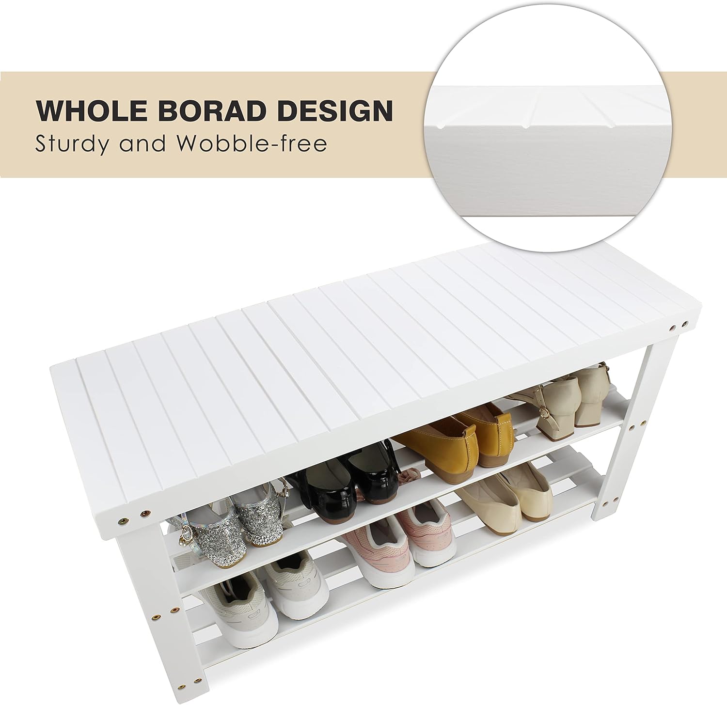 Bancuta raft pentru pantofi, din bambus, 3 niveluri, alb - imagine 7
