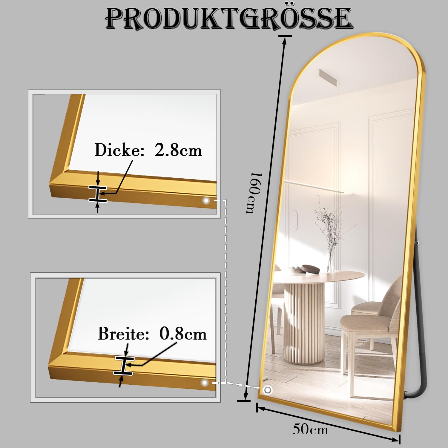 Oglinda de podea, mare, 160X50cm, partea de sus arcuita, rama aurie - imagine 2