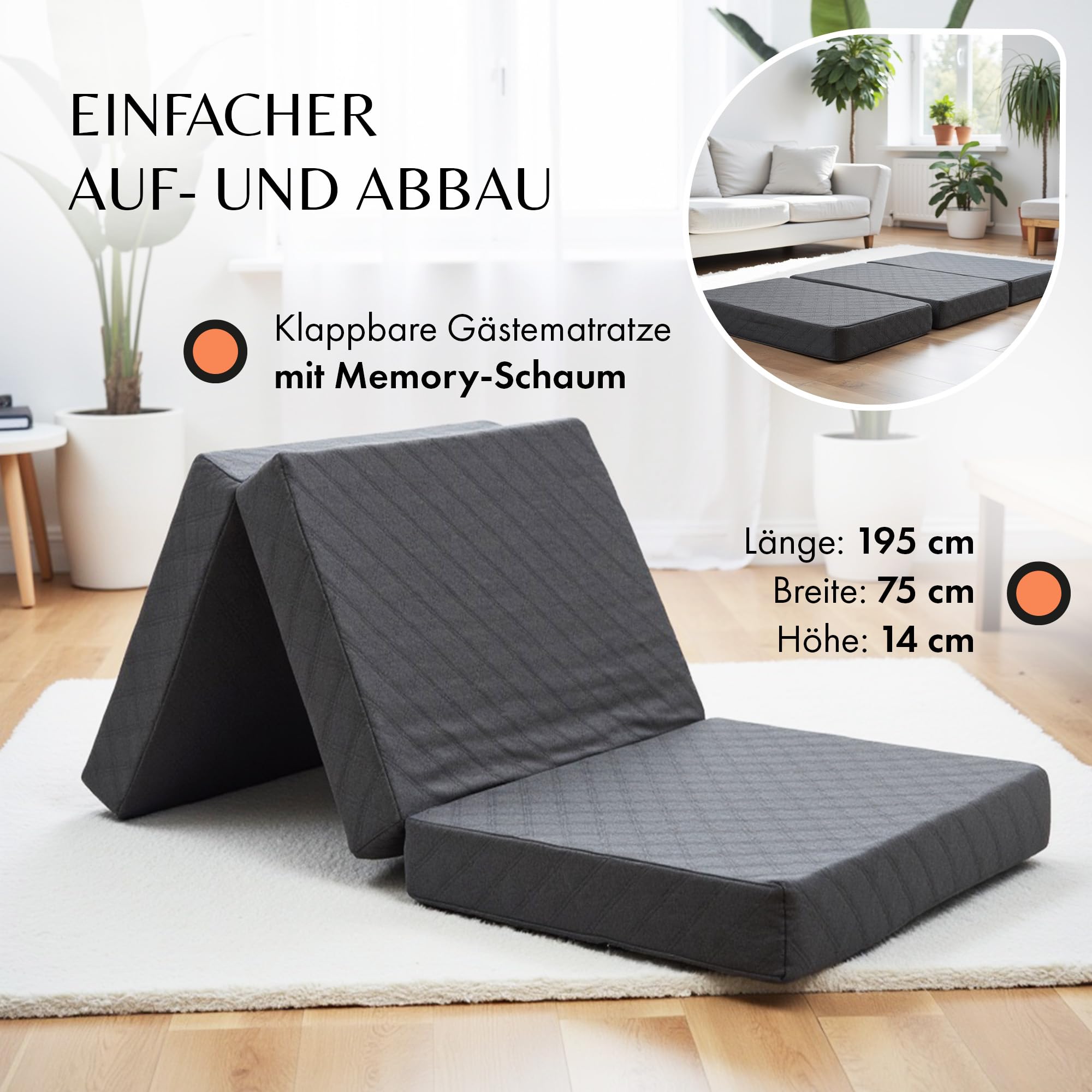 Saltea pliabila, 75x195x14 cm, pentru oaspeti, mediu dur H3, certificat Oeko TEX, cu husa, saltea de podea pentru camera copiilor - imagine 2