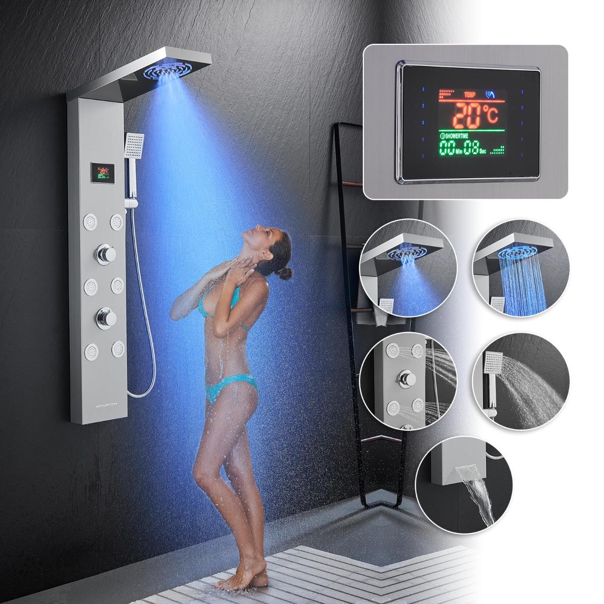 Panou de dus LED fara baterii, 5 in 1, cu afisaj pentru temperatura si timer, din inox, cu pulverizator si cap cu efect de ploaie - imagine 2