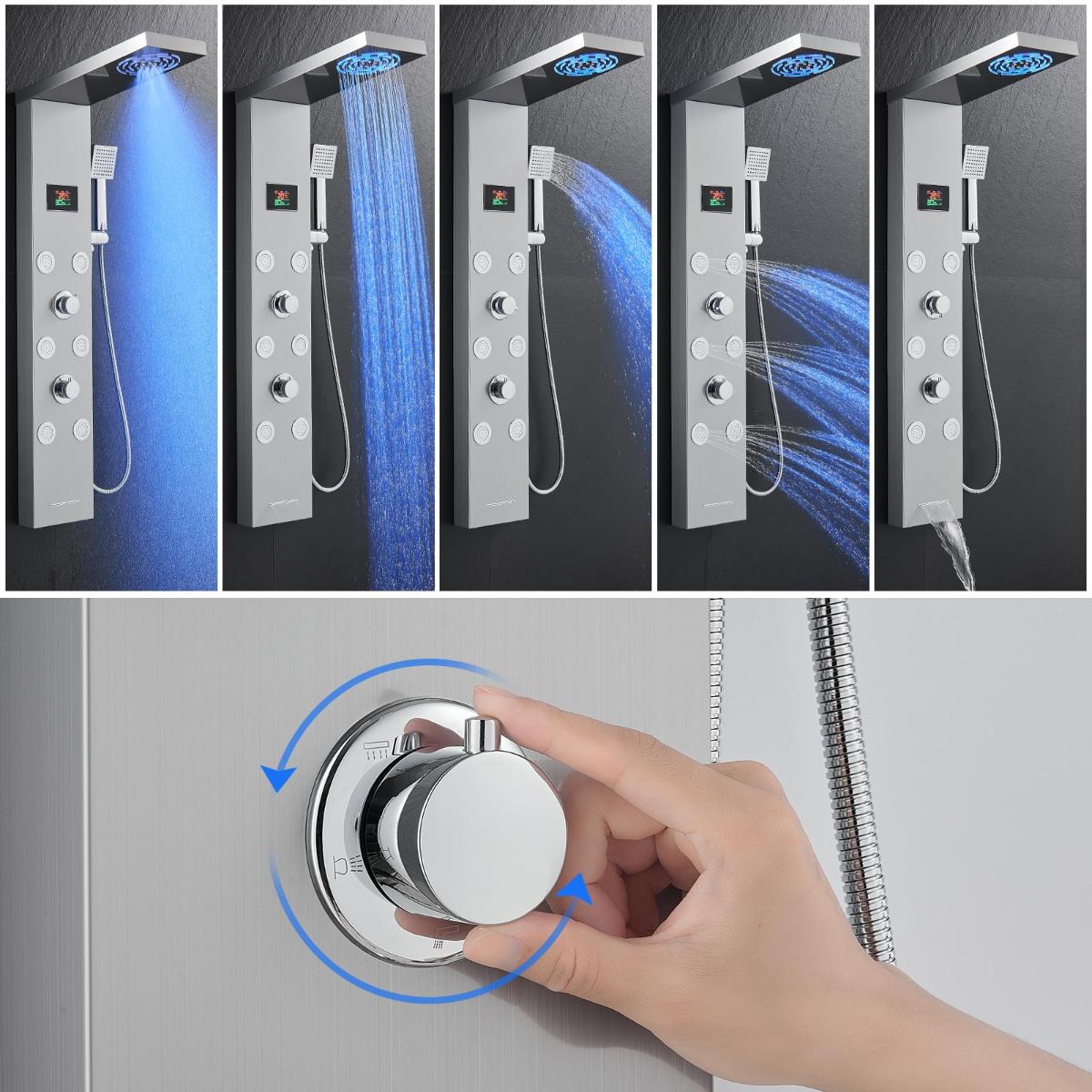 Panou de dus LED fara baterii, 5 in 1, cu afisaj pentru temperatura si timer, din inox, cu pulverizator si cap cu efect de ploaie - imagine 3