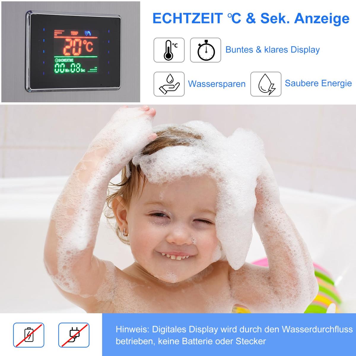 Panou de dus LED fara baterii, 5 in 1, cu afisaj pentru temperatura si timer, din inox, cu pulverizator si cap cu efect de ploaie - imagine 4