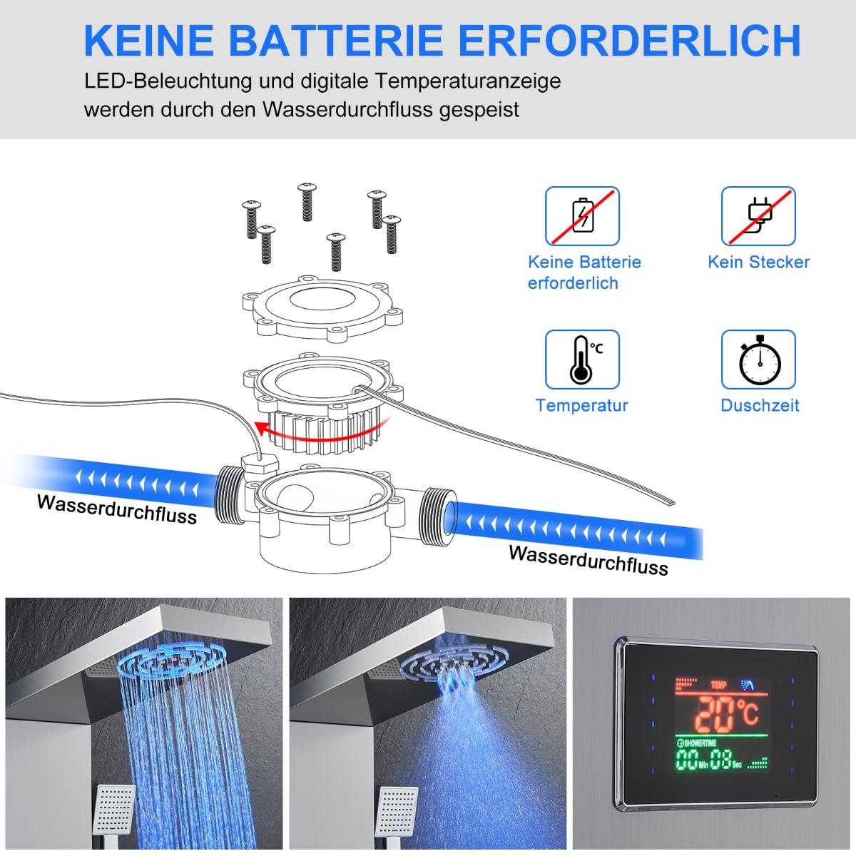 Panou de dus LED fara baterii, 5 in 1, cu afisaj pentru temperatura si timer, din inox, cu pulverizator si cap cu efect de ploaie - imagine 5