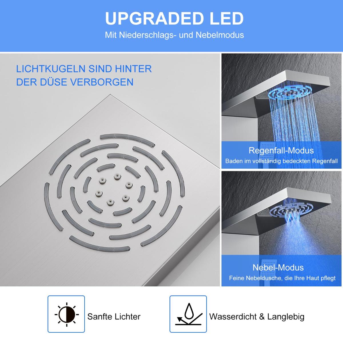 Panou de dus LED fara baterii, 5 in 1, cu afisaj pentru temperatura si timer, din inox, cu pulverizator si cap cu efect de ploaie - imagine 6