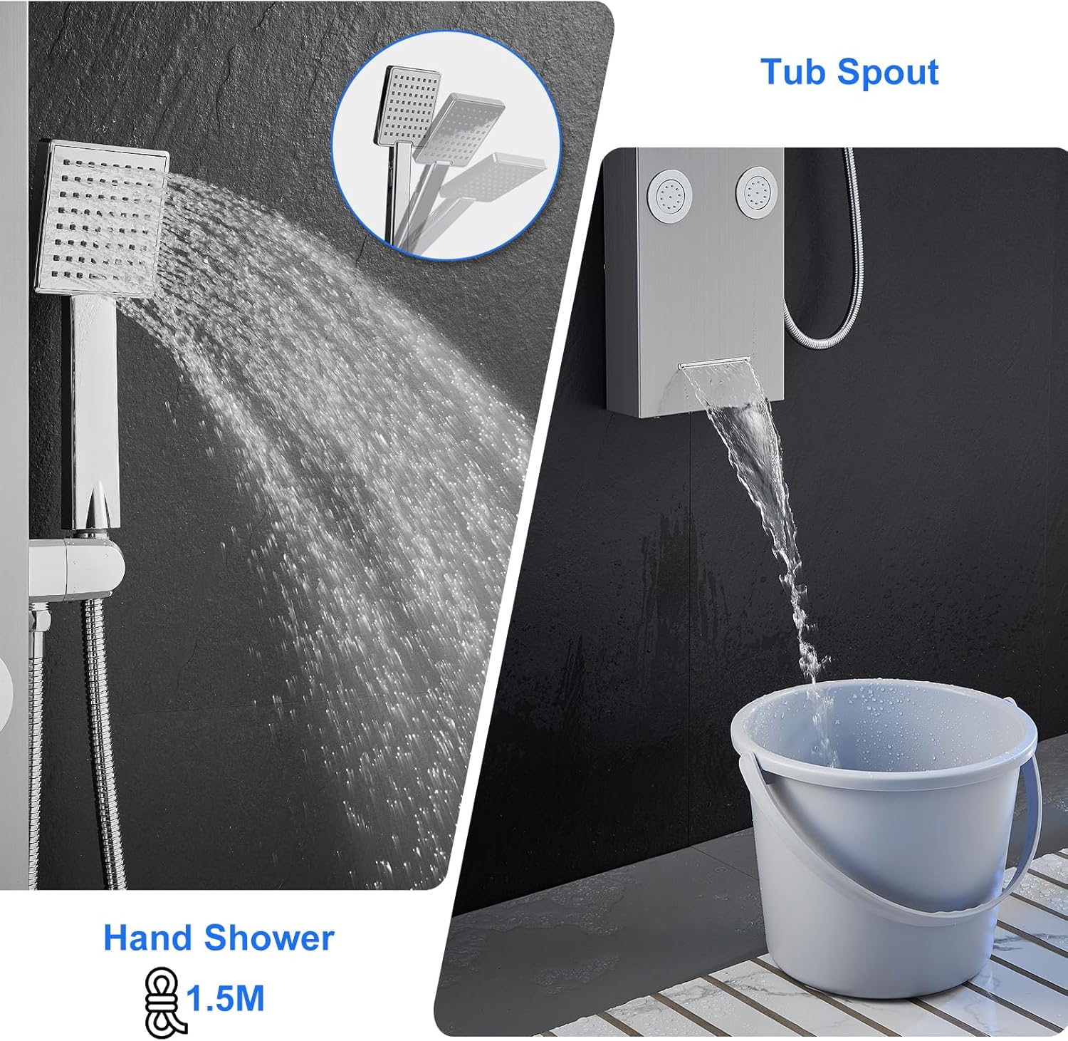 Panou de dus LED fara baterii, 5 in 1, cu afisaj pentru temperatura si timer, din inox, cu pulverizator si cap cu efect de ploaie - imagine 7