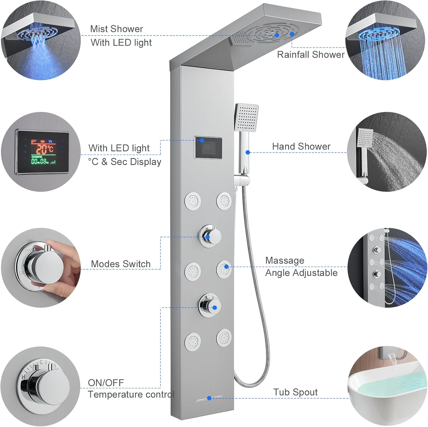 Panou de dus LED fara baterii, 5 in 1, cu afisaj pentru temperatura si timer, din inox, cu pulverizator si cap cu efect de ploaie - imagine 8