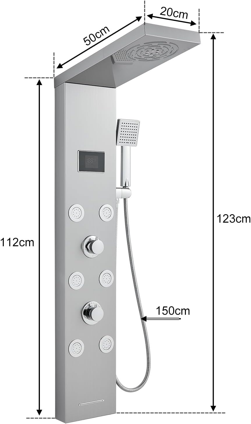 Panou de dus LED fara baterii, 5 in 1, cu afisaj pentru temperatura si timer, din inox, cu pulverizator si cap cu efect de ploaie - imagine 9