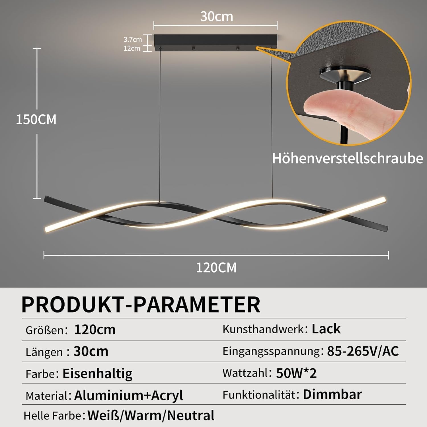 Lampa suspendata LED, moderna, 120cm, neagra, cu reglarea intensitatii luminii (10% - 100%), cu telecomanda, 3000K/4500K/6500K - imagine 3