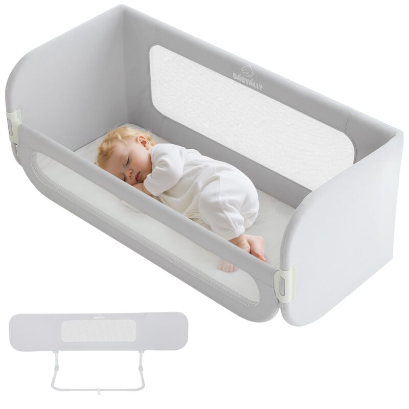 Bara de pat de calatorie, 185 cm, functie 2 in 1 (patut si bara de pat), gri