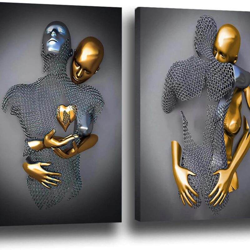 Pictura 3D "Indragostiti", culori metalice, pictura romantica abstracta, neinramata, 60x90 cm (2 buc.)