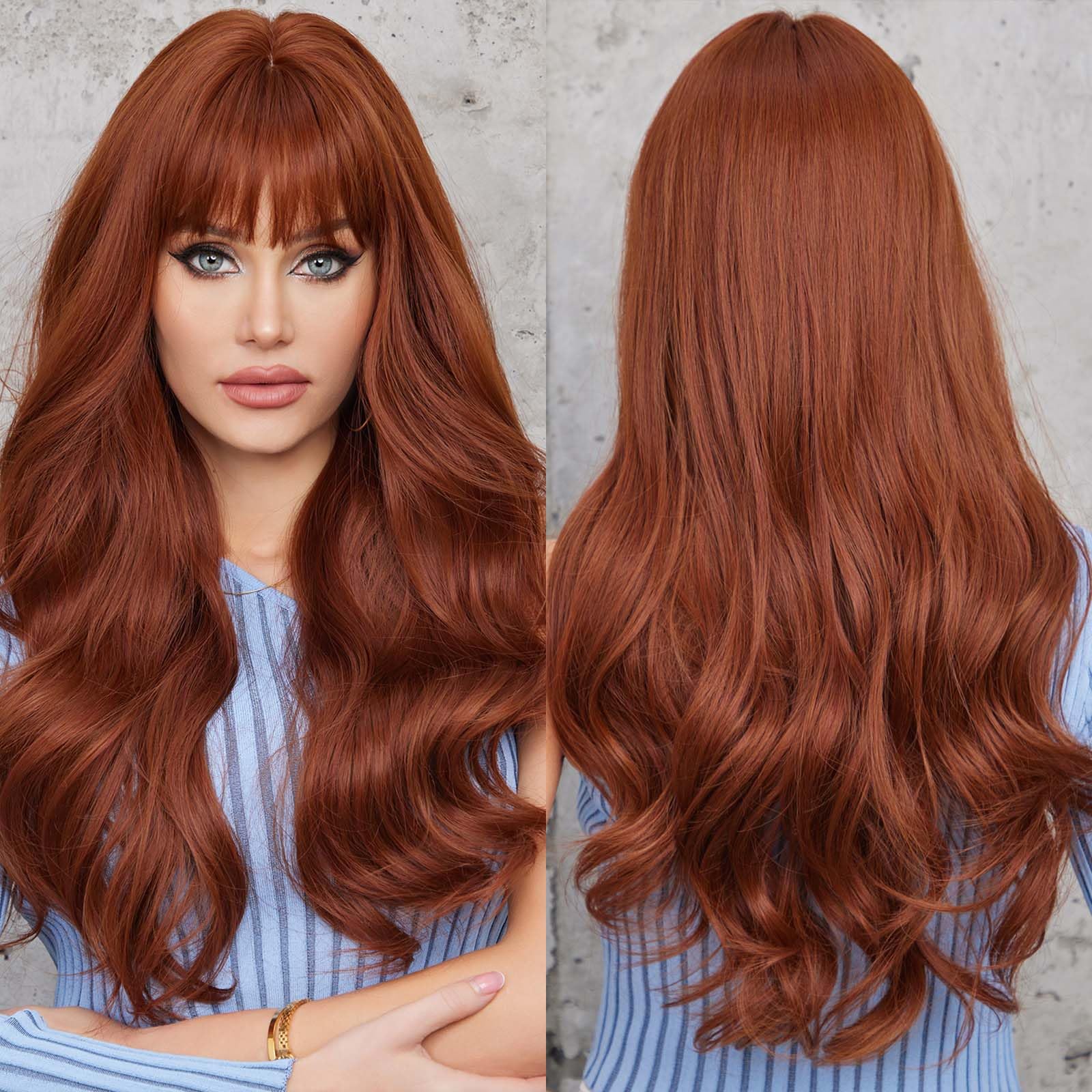 Peruca lunga, ondulata, rosie castaniu-roscat, cu breton, par sintetic rezistent la caldura