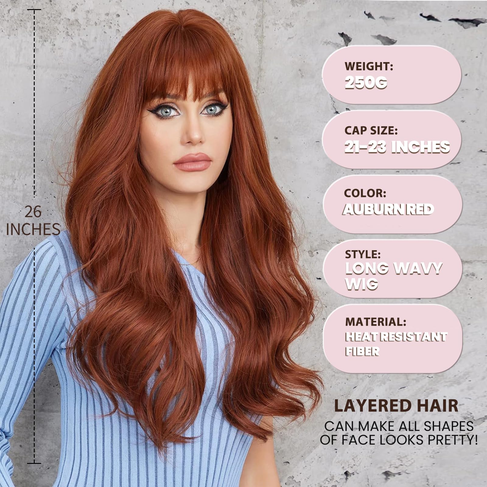 Peruca lunga, ondulata, rosie castaniu-roscat, cu breton, par sintetic rezistent la caldura - imagine 2