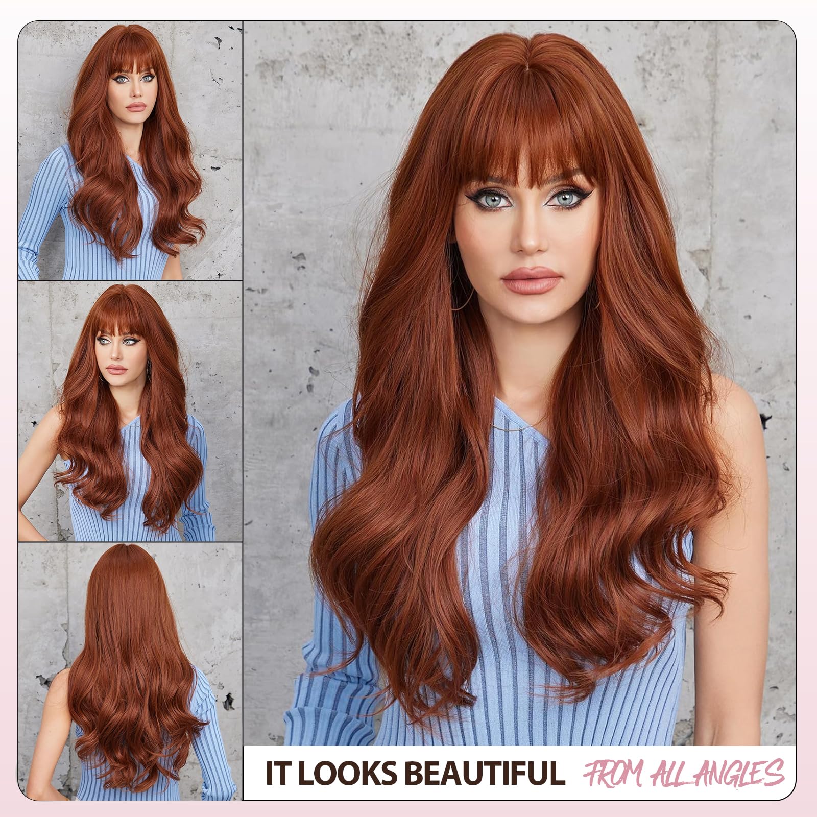 Peruca lunga, ondulata, rosie castaniu-roscat, cu breton, par sintetic rezistent la caldura - imagine 3