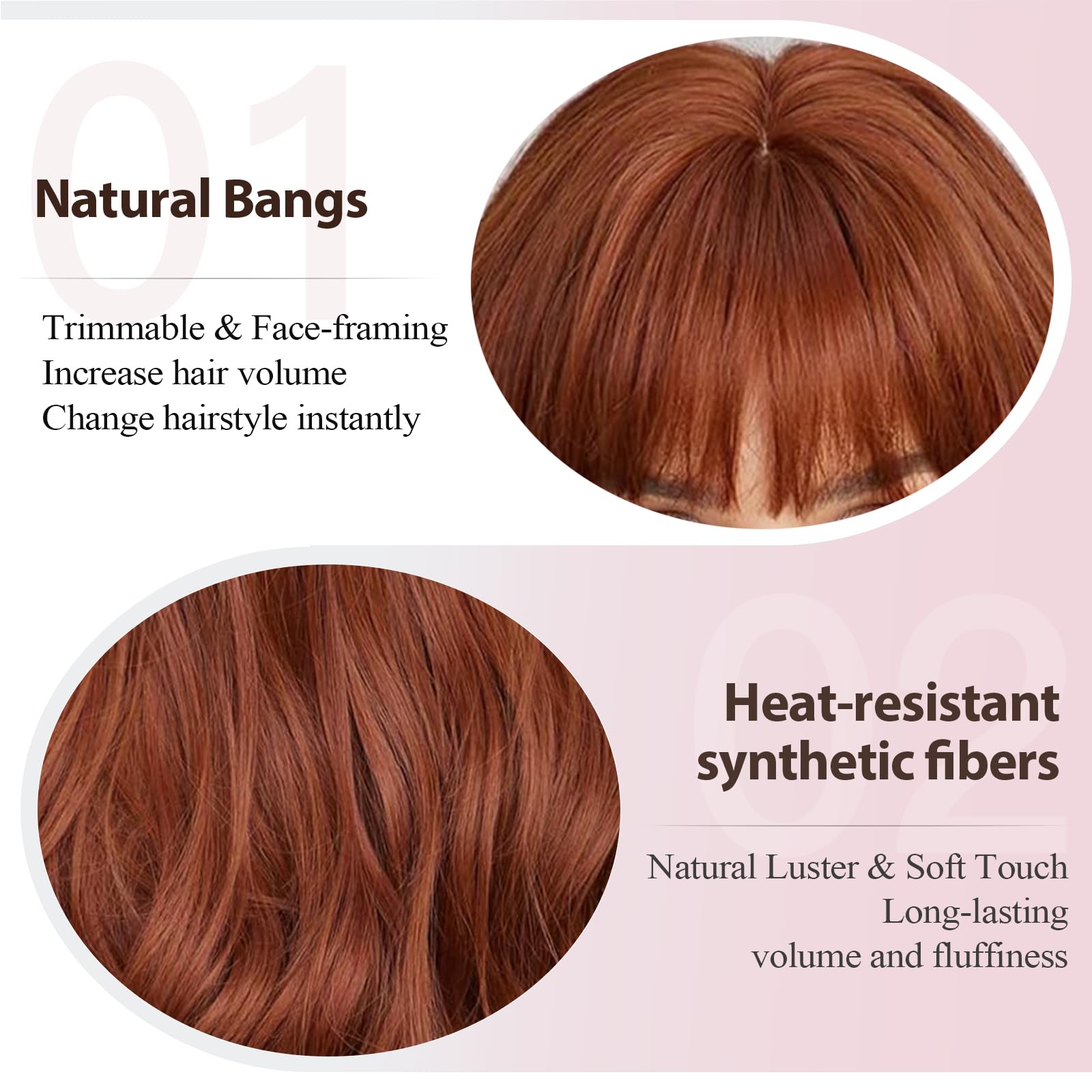 Peruca lunga, ondulata, rosie castaniu-roscat, cu breton, par sintetic rezistent la caldura - imagine 4