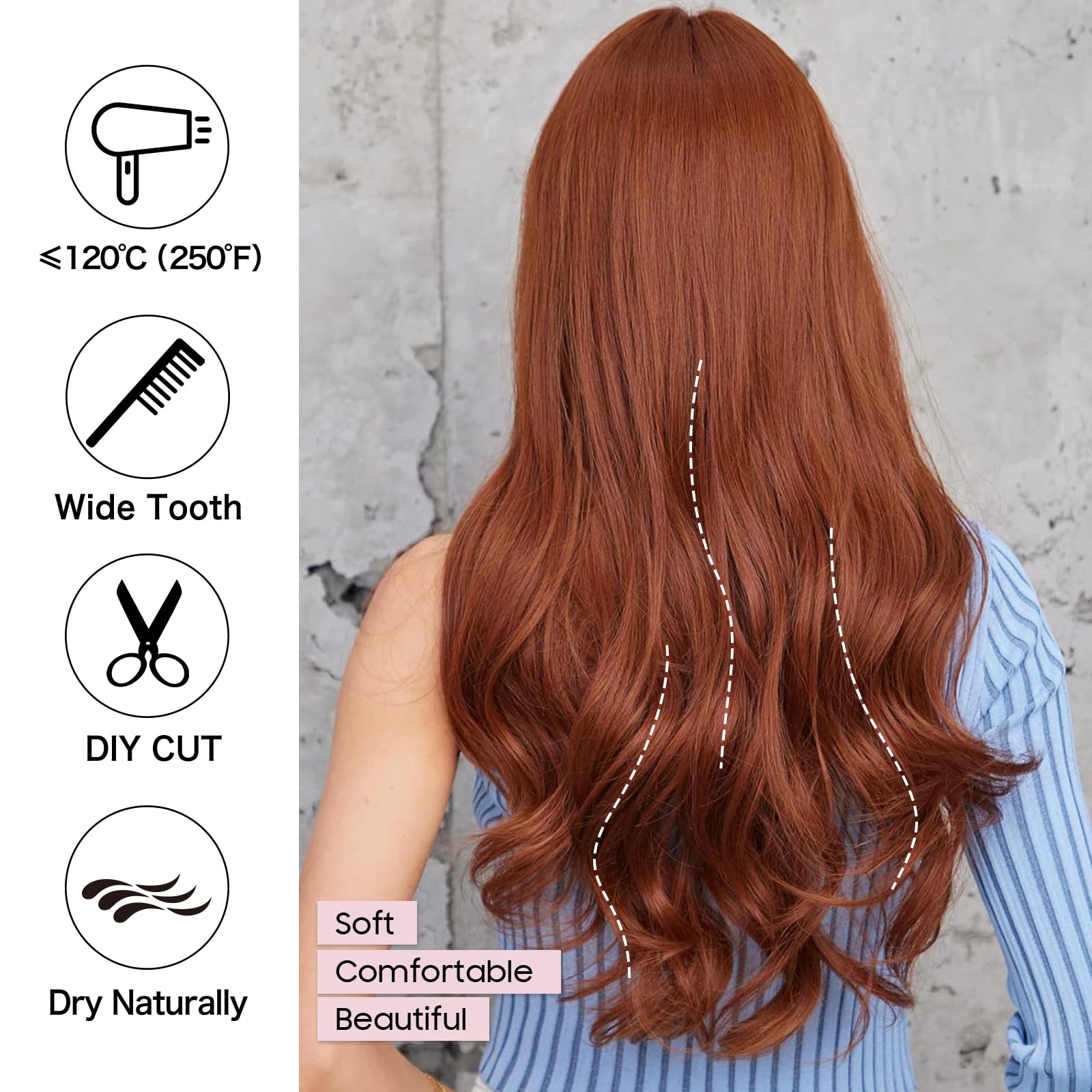 Peruca lunga, ondulata, rosie castaniu-roscat, cu breton, par sintetic rezistent la caldura - imagine 5