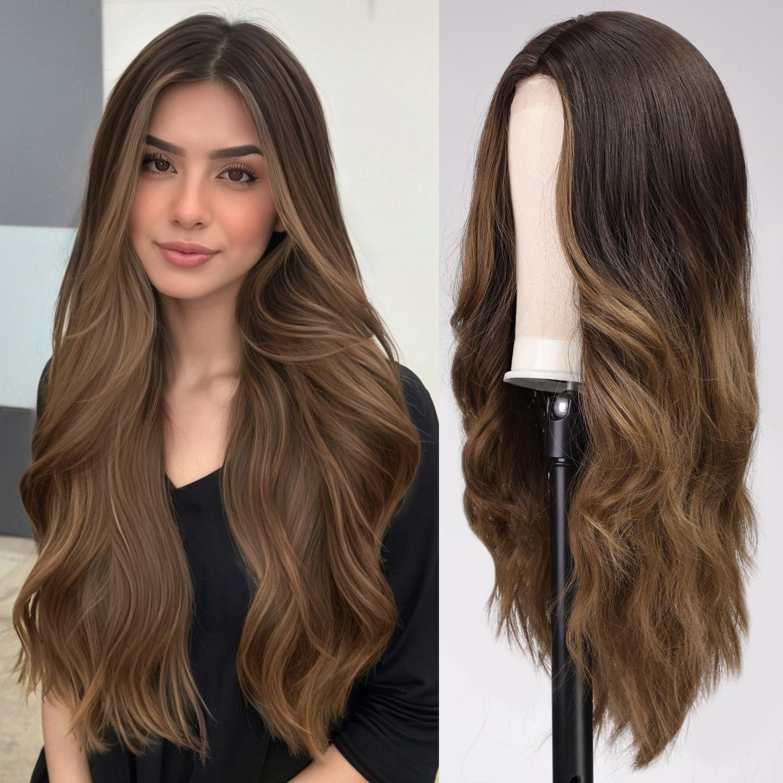 Peruca lunga, ondulata, blonda, aspect natural, cu dantela frontala, 66 cm