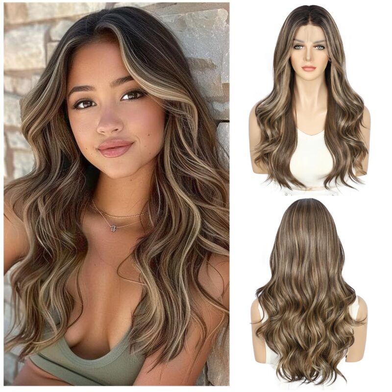 Peruca maro cu dantela frontala, par sintetic ondulat, pre-smulsa pentru purtare zilnica, 56 cm