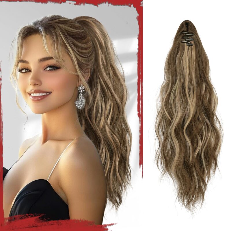 Extensie de par, sintetica, cu clips, 41 cm, ondulata, saten cenusiu si blond decolorat