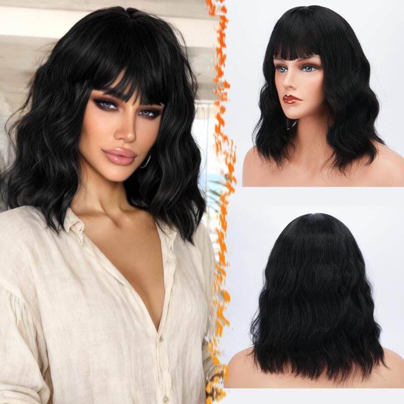 Peruca scurta, ondulata, cu breton, 35 cm, par sintetic voluminos, negru