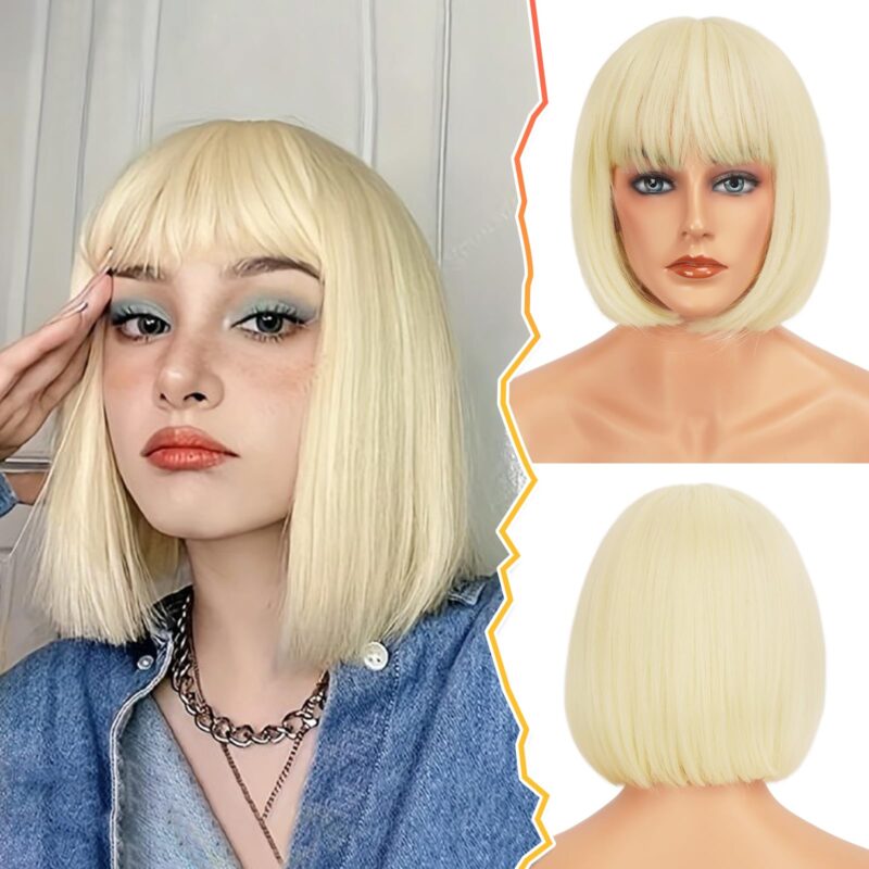 Peruca bob blonda, cu breton, 30cm, scurta si dreapta, sintetica, blond platinat