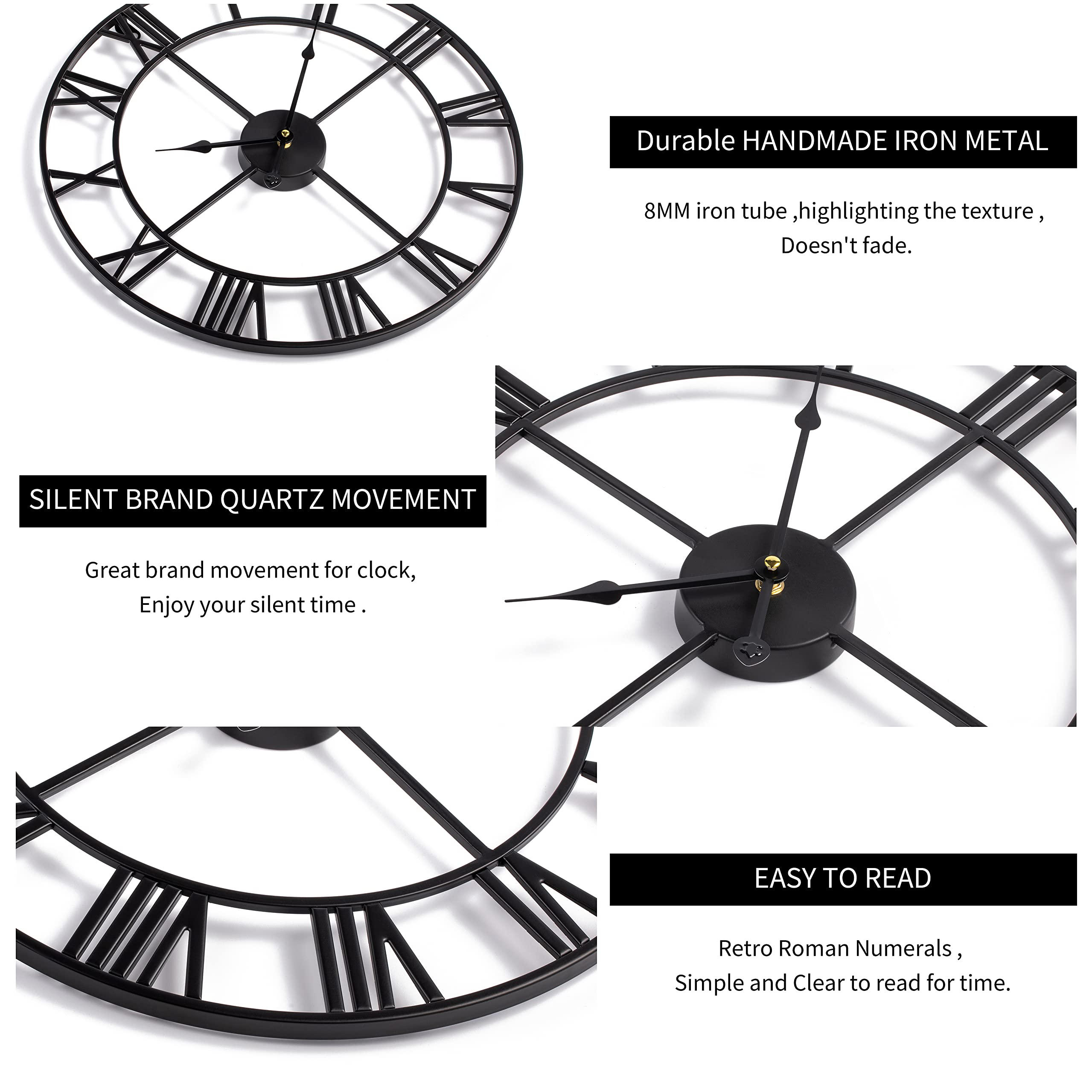 Ceas de perete modern, cu cifre romane, rotund, metalic, silentios, negru, 40 cm - imagine 6
