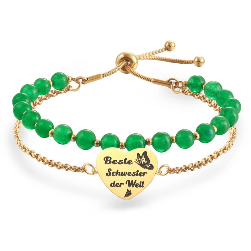 Bratara pe doua randuri, margele verzi si inox auriu, si medalion auriu cu mesajul in limba germana "Nu surori de sange, ci surori de inima"