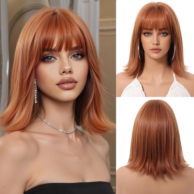 Peruca rosie cu breton pentru femei, stil bob scurt, cca. 30 cm