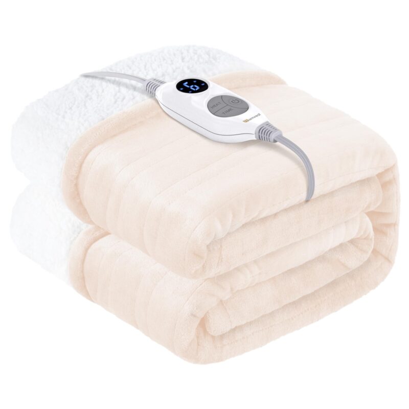Patura electrica cu oprire automata, 6 setari de temperatura si temporizator de 2-10 ore, protectie la supraincalzire, din flanel Sherpa, lavabila, bej, 100 W, 130x180 cm