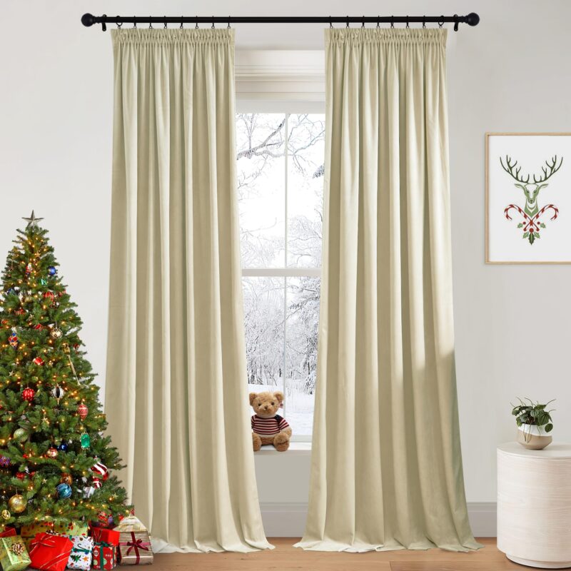 Draperii opace din catifea, 2 buc., termo-izolante, bej deschis, cu rejansa, 132x240 cm