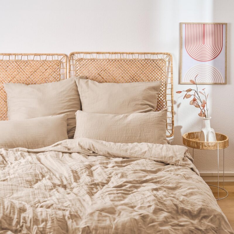 Lenjerie de pat din muselina, certificata Oeko-TEX, husa pilota 155x220cm, fata de perna 80x80 cm, bej