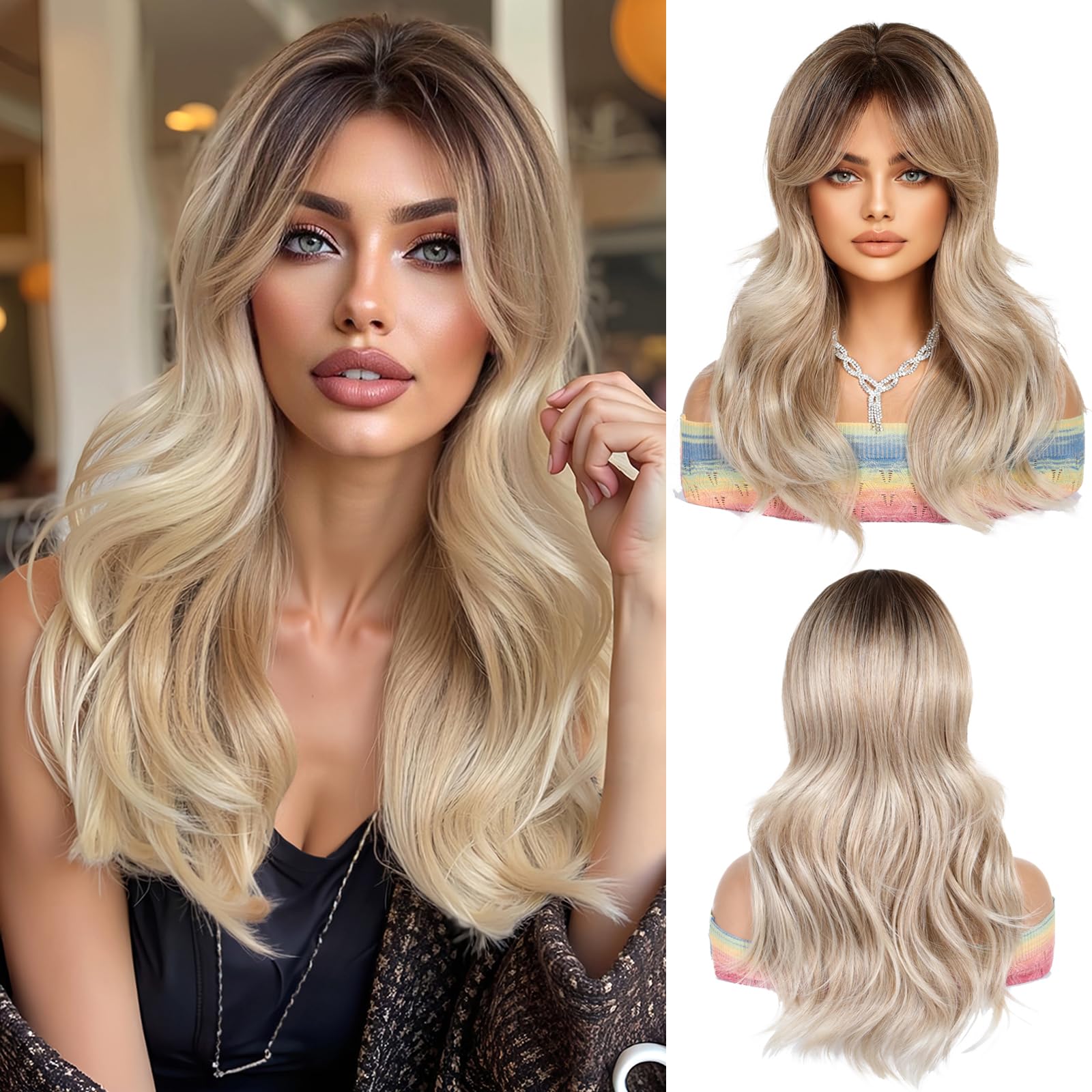Peruca lunga ombre, blond cenusiu cu breton, par sintetic, natural ondulat, rezistent la caldura, 50 cm