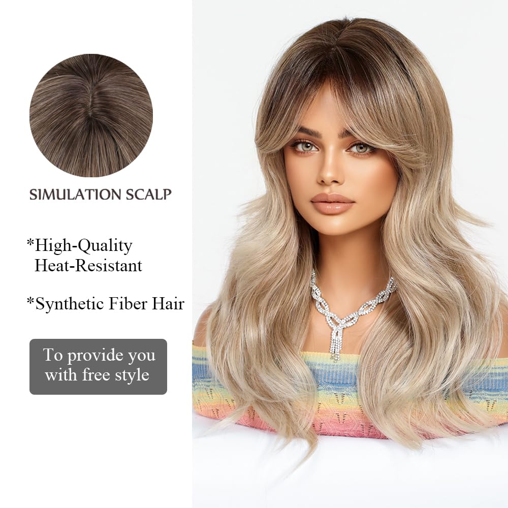Peruca lunga ombre, blond cenusiu cu breton, par sintetic, natural ondulat, rezistent la caldura, 50 cm - imagine 4