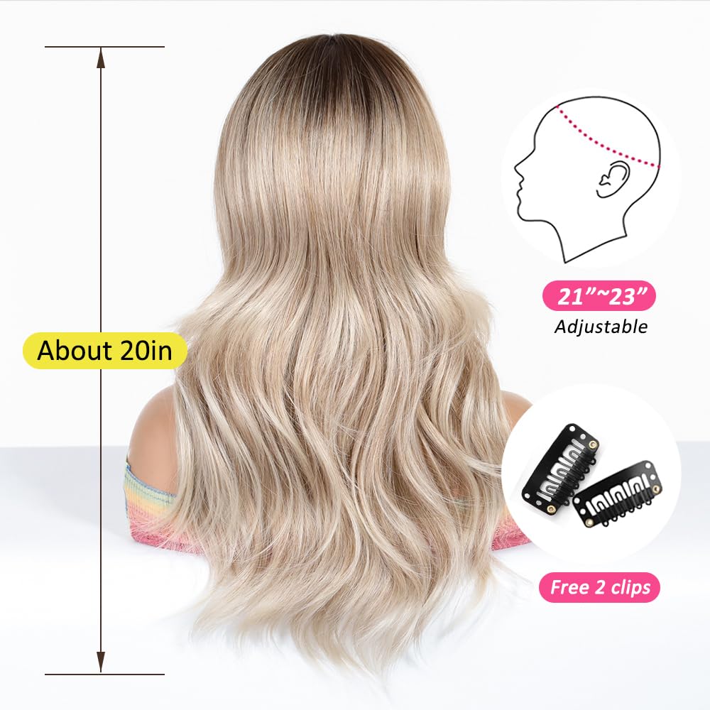 Peruca lunga ombre, blond cenusiu cu breton, par sintetic, natural ondulat, rezistent la caldura, 50 cm - imagine 5